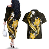 Gold Polynesian Pattern With Tropical Flowers Couples Matching Off The Shoulder Long Sleeve Dress and Hawaiian Shirt LT05 - Polynesian Pride