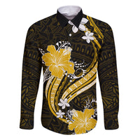 Gold Polynesian Pattern With Tropical Flowers Family Matching Long Sleeve Bodycon Dress and Hawaiian Shirt LT05 Dad's Shirt - Long Sleeve Gold - Polynesian Pride