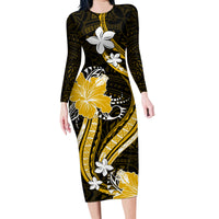 Gold Polynesian Pattern With Tropical Flowers Family Matching Long Sleeve Bodycon Dress and Hawaiian Shirt LT05 Mom's Dress Gold - Polynesian Pride