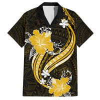 Gold Polynesian Pattern With Tropical Flowers Family Matching Off Shoulder Short Dress and Hawaiian Shirt LT05 Dad's Shirt - Short Sleeve Gold - Polynesian Pride