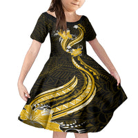 Gold Polynesian Pattern With Tropical Flowers Family Matching Short Sleeve Bodycon Dress and Hawaiian Shirt LT05 Daughter's Dress Gold - Polynesian Pride