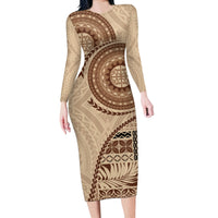 Samoa Siapo Pattern Simple Style Long Sleeve Bodycon Dress LT05 Long Dress Brown - Polynesian Pride