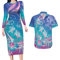 Polynesia Sea Turtle Couple Couples Matching Long Sleeve Bodycon Dress and Hawaiian Shirt Love Is Life
