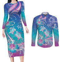 Polynesia Sea Turtle Couple Couples Matching Long Sleeve Bodycon Dress and Long Sleeve Button Shirt Love Is Life