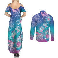 Polynesia Sea Turtle Couple Couples Matching Summer Maxi Dress and Long Sleeve Button Shirt Love Is Life