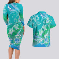 Polynesia Sea Turtle Couple Couples Matching Long Sleeve Bodycon Dress and Hawaiian Shirt I Am Turtley In Love With You