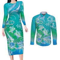 Polynesia Sea Turtle Couple Couples Matching Long Sleeve Bodycon Dress and Long Sleeve Button Shirt I Am Turtley In Love With You
