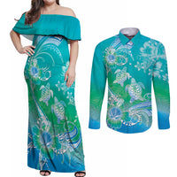 Polynesia Sea Turtle Couple Couples Matching Off Shoulder Maxi Dress and Long Sleeve Button Shirt I Am Turtley In Love With You LT05 Turquoise - Polynesian Pride