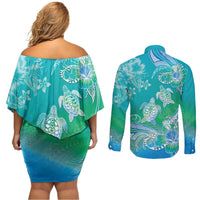 Polynesia Sea Turtle Couple Couples Matching Off Shoulder Short Dress and Long Sleeve Button Shirt I Am Turtley In Love With You LT05 - Polynesian Pride