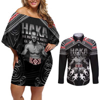 New Zealand Aotearoa Couples Matching Off Shoulder Short Dress and Long Sleeve Button Shirt Traditional Kapa Haka LT05 Black - Polynesian Pride