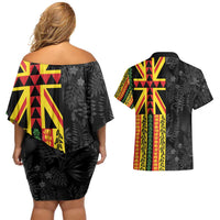Hawaii Maoli Spirit Couples Matching Off Shoulder Short Dress and Hawaiian Shirt Kakau Pattern With Flower Lei LT05 - Polynesian Pride