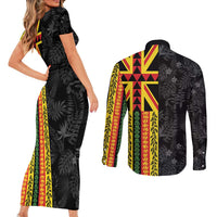Hawaii Maoli Spirit Couples Matching Short Sleeve Bodycon Dress and Long Sleeve Button Shirt Kakau Pattern With Flower Lei LT05 - Polynesian Pride