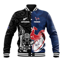 France And New Zealand Rugby Custom Baseball Jacket Les Bleus Rooster With Maori Tiki LT05 Unisex Black - Polynesian Pride