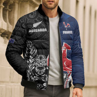 France And New Zealand Rugby Custom Bomber Puffer Jacket Les Bleus Rooster With Maori Tiki LT05 - Polynesian Pride