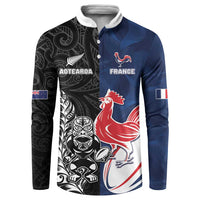 France And New Zealand Rugby Custom Button Sweatshirt Les Bleus Rooster With Maori Tiki LT05 Black - Polynesian Pride