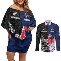 France And New Zealand Rugby Custom Couples Matching Off Shoulder Short Dress and Long Sleeve Button Shirt Les Bleus Rooster With Maori Tiki LT05 Black - Polynesian Pride