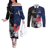 France And New Zealand Rugby Custom Couples Matching Off The Shoulder Long Sleeve Dress and Long Sleeve Button Shirt Les Bleus Rooster With Maori Tiki LT05 Black - Polynesian Pride