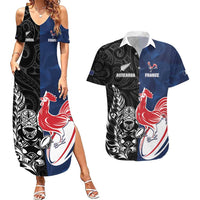 France And New Zealand Rugby Custom Couples Matching Summer Maxi Dress and Hawaiian Shirt Les Bleus Rooster With Maori Tiki LT05 Black - Polynesian Pride