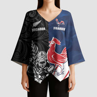 France And New Zealand Rugby Custom Kimono Sleeve Blouse Les Bleus Rooster With Maori Tiki LT05 - Polynesian Pride
