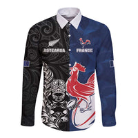France And New Zealand Rugby Custom Long Sleeve Button Shirt Les Bleus Rooster With Maori Tiki LT05 Unisex Black - Polynesian Pride