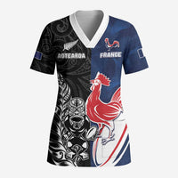 France And New Zealand Rugby Custom Scrub Top Les Bleus Rooster With Maori Tiki LT05 Adult Black - Polynesian Pride