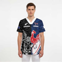 France And New Zealand Rugby Custom Scrub Top Les Bleus Rooster With Maori Tiki LT05 - Polynesian Pride