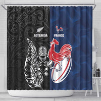 France And New Zealand Rugby Shower Curtain Les Bleus Rooster With Maori Tiki LT05 - Polynesian Pride