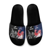 France And New Zealand Rugby Slide Sandals Les Bleus Rooster With Maori Tiki LT05 Black - Polynesian Pride