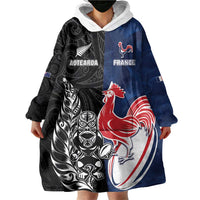 France And New Zealand Rugby Custom Wearable Blanket Hoodie Les Bleus Rooster With Maori Tiki LT05 - Polynesian Pride