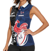 France And New Zealand Rugby Custom Women Sleeveless Polo Shirt Les Bleus Rooster With Maori Tiki - Polynesian Pride