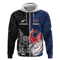 France And New Zealand Rugby Custom Zip Hoodie Les Bleus Rooster With Maori Tiki - Polynesian Pride