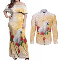 New Zealand Aotearoa Cockatoo Couples Matching Off Shoulder Maxi Dress and Long Sleeve Button Shirt Maori Pattern With Pohutukawa Flowers