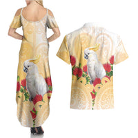New Zealand Aotearoa Cockatoo Couples Matching Summer Maxi Dress and Hawaiian Shirt Maori Pattern With Pohutukawa Flowers