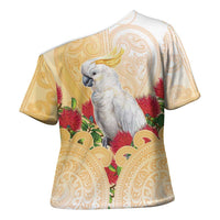 New Zealand Aotearoa Cockatoo Cross Shoulder Shirt Maori Pattern With Pohutukawa Flowers LT05 - Polynesian Pride