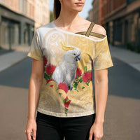 New Zealand Aotearoa Cockatoo Cross Shoulder Shirt Maori Pattern With Pohutukawa Flowers LT05 - Polynesian Pride
