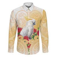 New Zealand Aotearoa Cockatoo Family Matching Off Shoulder Short Dress and Hawaiian Shirt Maori Pattern With Pohutukawa Flowers LT05 Dad's Shirt - Long Sleeve Beige - Polynesian Pride