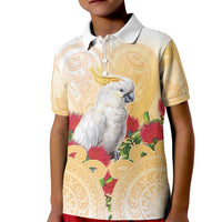 New Zealand Aotearoa Cockatoo Kid Polo Shirt Maori Pattern With Pohutukawa Flowers LT05 Kid Beige - Polynesian Pride