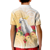 New Zealand Aotearoa Cockatoo Kid Polo Shirt Maori Pattern With Pohutukawa Flowers LT05 - Polynesian Pride