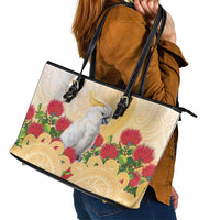 New Zealand Aotearoa Cockatoo Leather Tote Bag Maori Pattern With Pohutukawa Flowers