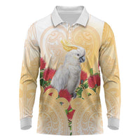 New Zealand Aotearoa Cockatoo Long Sleeve Polo Shirt Maori Pattern With Pohutukawa Flowers