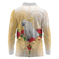 New Zealand Aotearoa Cockatoo Long Sleeve Polo Shirt Maori Pattern With Pohutukawa Flowers