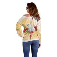 New Zealand Aotearoa Cockatoo Off Shoulder Sweater Maori Pattern With Pohutukawa Flowers LT05 - Polynesian Pride
