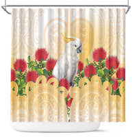 New Zealand Aotearoa Cockatoo Shower Curtain Maori Pattern With Pohutukawa Flowers LT05 Beige - Polynesian Pride