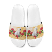 New Zealand Aotearoa Cockatoo Slide Sandals Maori Pattern With Pohutukawa Flowers LT05 Beige - Polynesian Pride