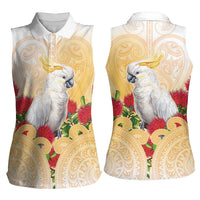 New Zealand Aotearoa Cockatoo Women Sleeveless Polo Shirt Maori Pattern With Pohutukawa Flowers