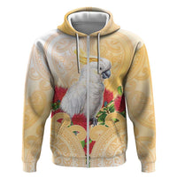 New Zealand Aotearoa Cockatoo Zip Hoodie Maori Pattern With Pohutukawa Flowers LT05 Zip Hoodie Beige - Polynesian Pride