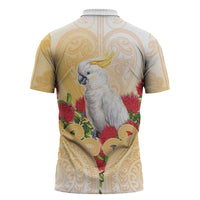 New Zealand Aotearoa Cockatoo Zipper Polo Shirt Maori Pattern With Pohutukawa Flowers