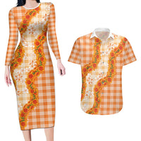 Orange Hawaii Palaka Couples Matching Long Sleeve Bodycon Dress and Hawaiian Shirt Hawaiian Ilima Lei LT05 Orange - Polynesian Pride