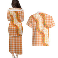 Orange Hawaii Palaka Couples Matching Puletasi and Hawaiian Shirt Hawaiian Ilima Lei