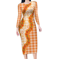 Orange Hawaii Palaka Family Matching Long Sleeve Bodycon Dress and Hawaiian Shirt Hawaiian Ilima Lei
